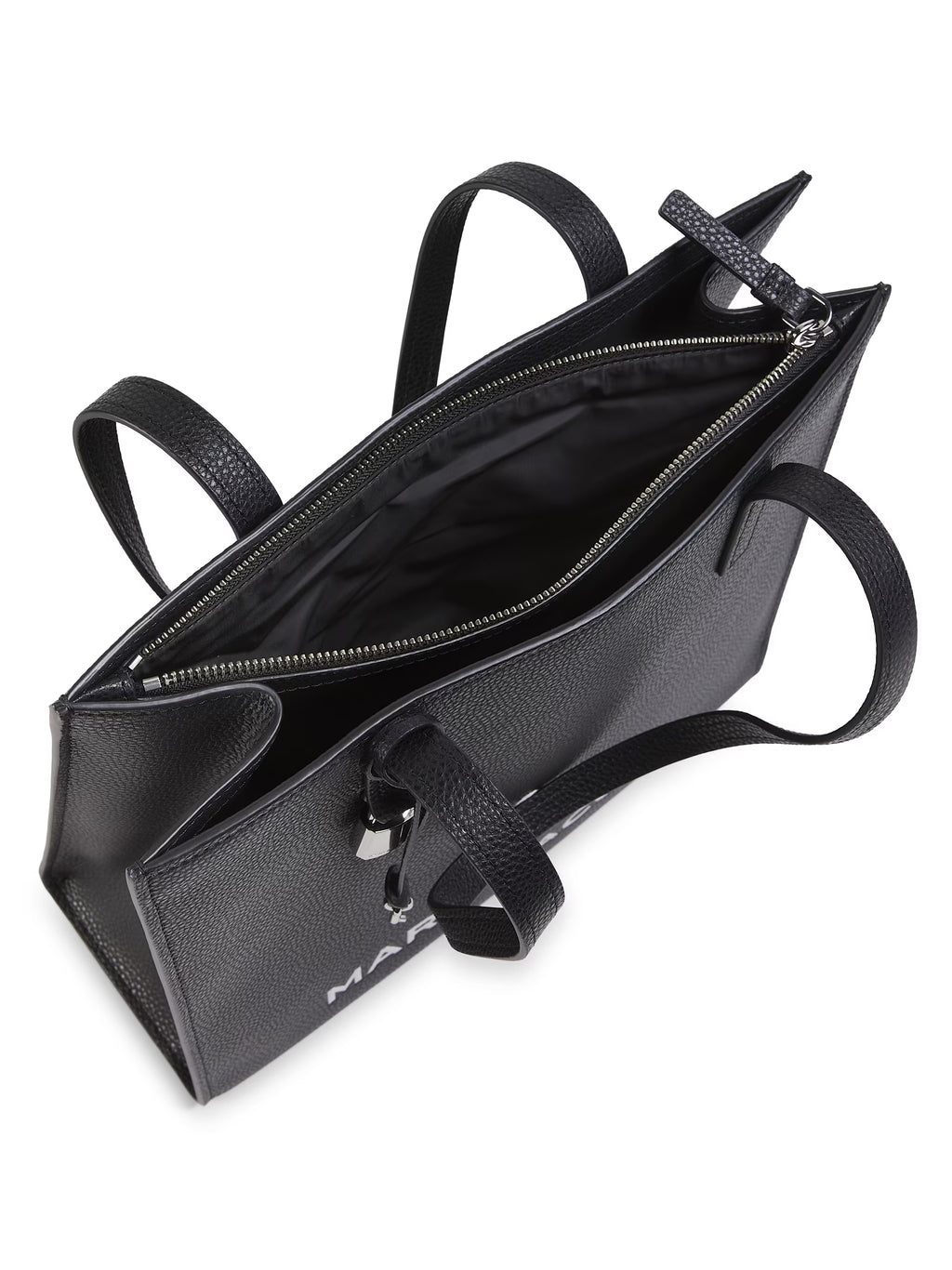 Black Marc Jacobs Grind leather tote bag with double handles and spacious interior, stylish and durable for everyday use.