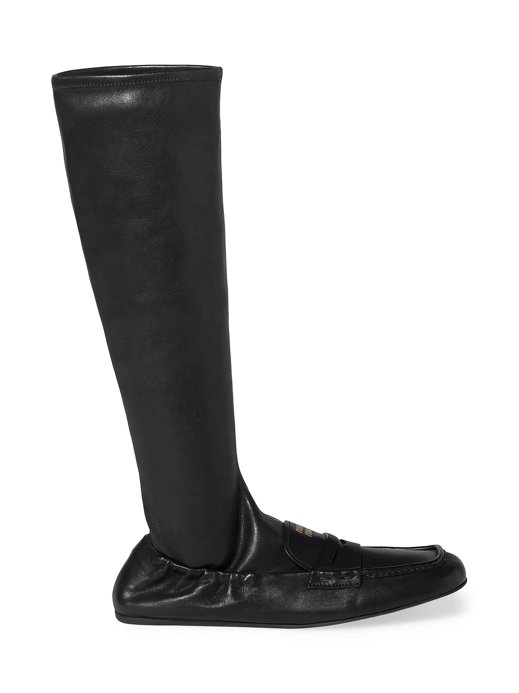 Black Miu Miu leather loafer boots for men, stylish and sleek footwear with a polished finish and classic design.