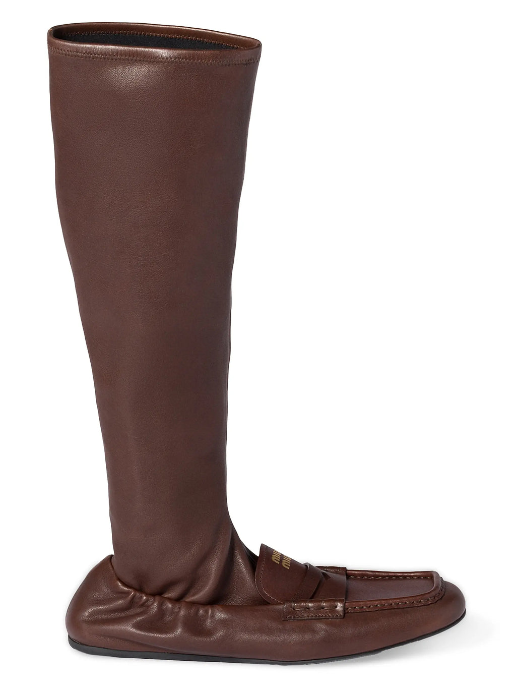 Men's brown Miu Miu leather loafer boots with sleek design and rounded toe, styled for casual or formal wear.