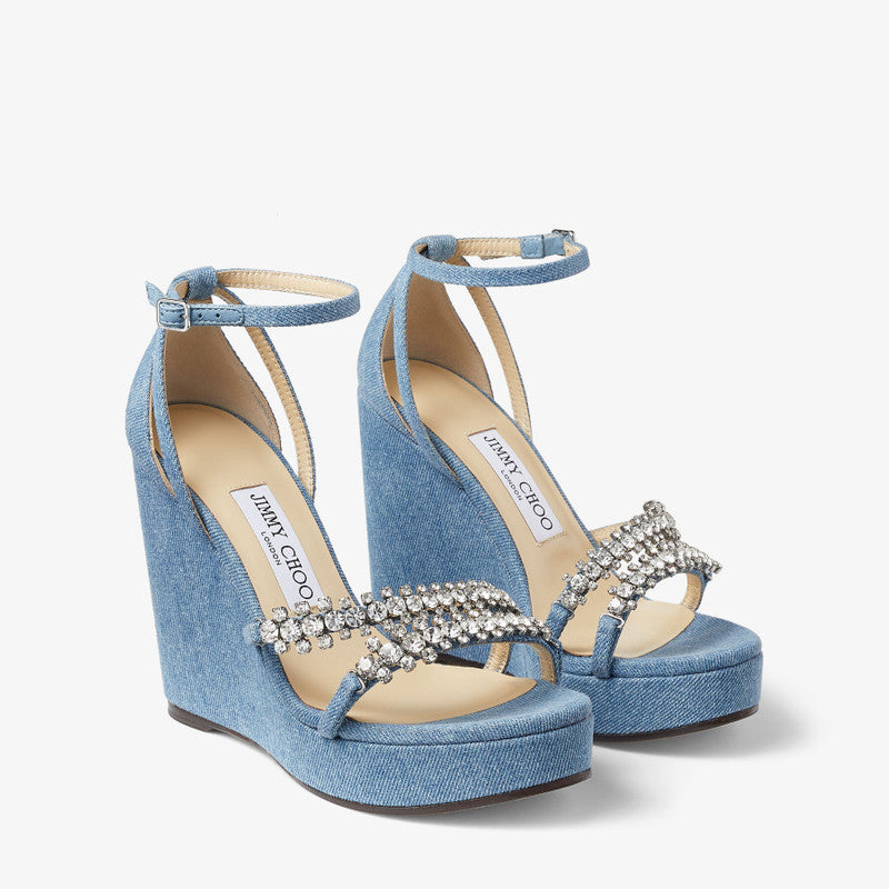 Jimmy Choo Bing Wedge 120 denim wedges with crystal strap details, showing the stylish design and textured fabric.