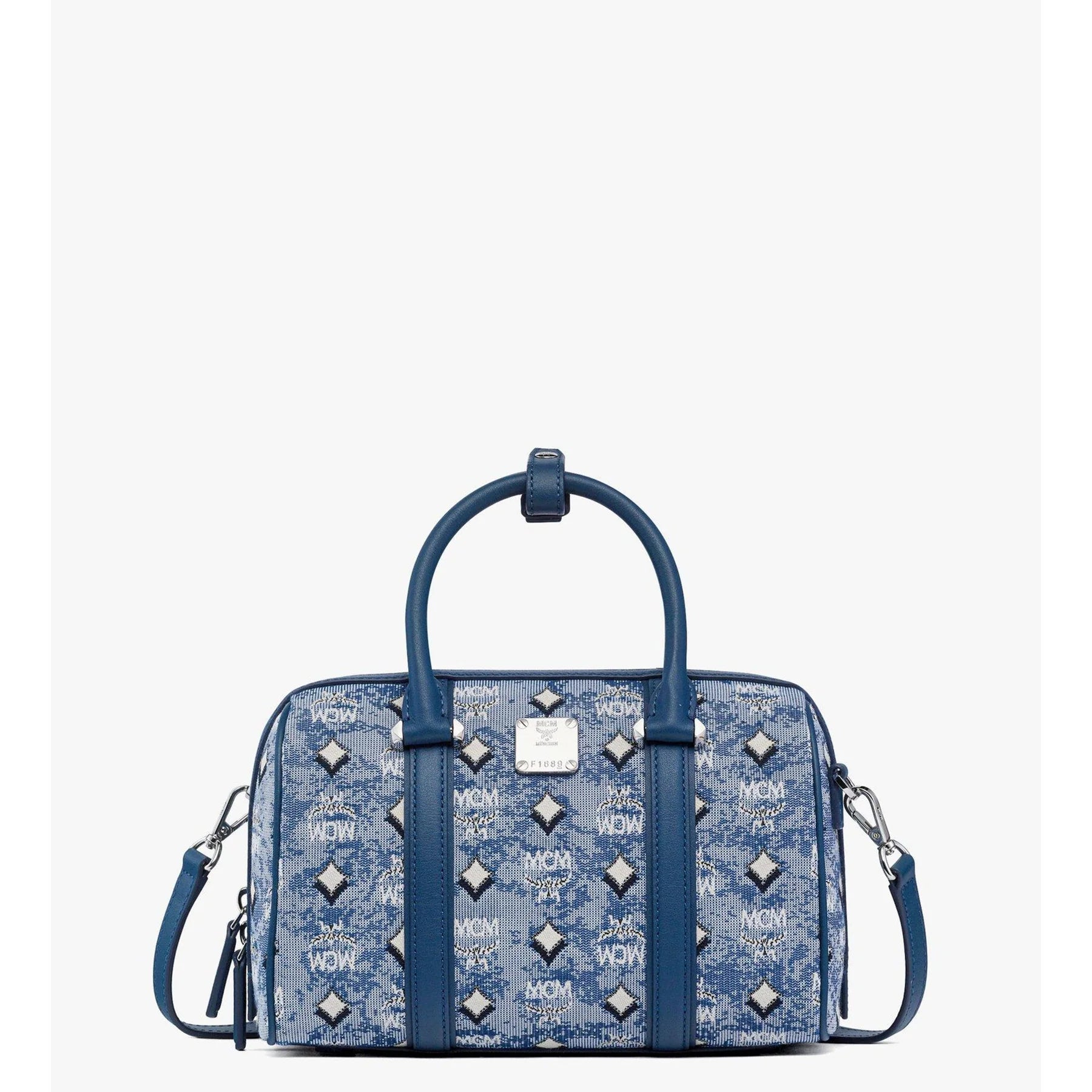 Blue MCM Aren Boston Bag for women in vintage jacquard monogram fabric, stylish designer accessory with elegant craftsmanship.