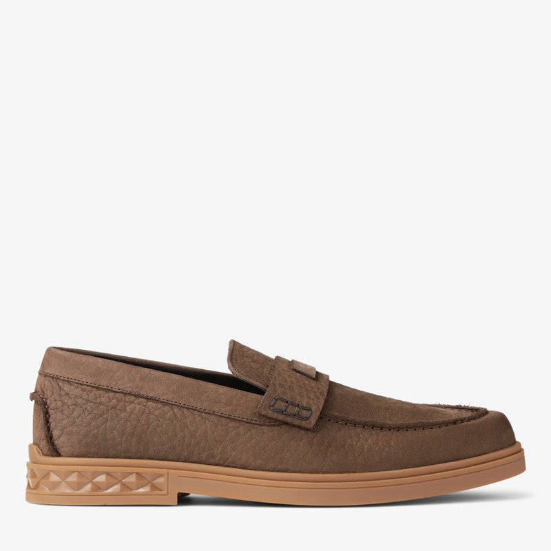 Jimmy Choo men's Josh driver loafers in oxblood embossed nubuck leather, showing the sleek design and textured finish.