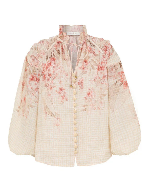 Zimmermann Illuminate Blouse for women with coral floral print, lightweight fabric, and elegant design.