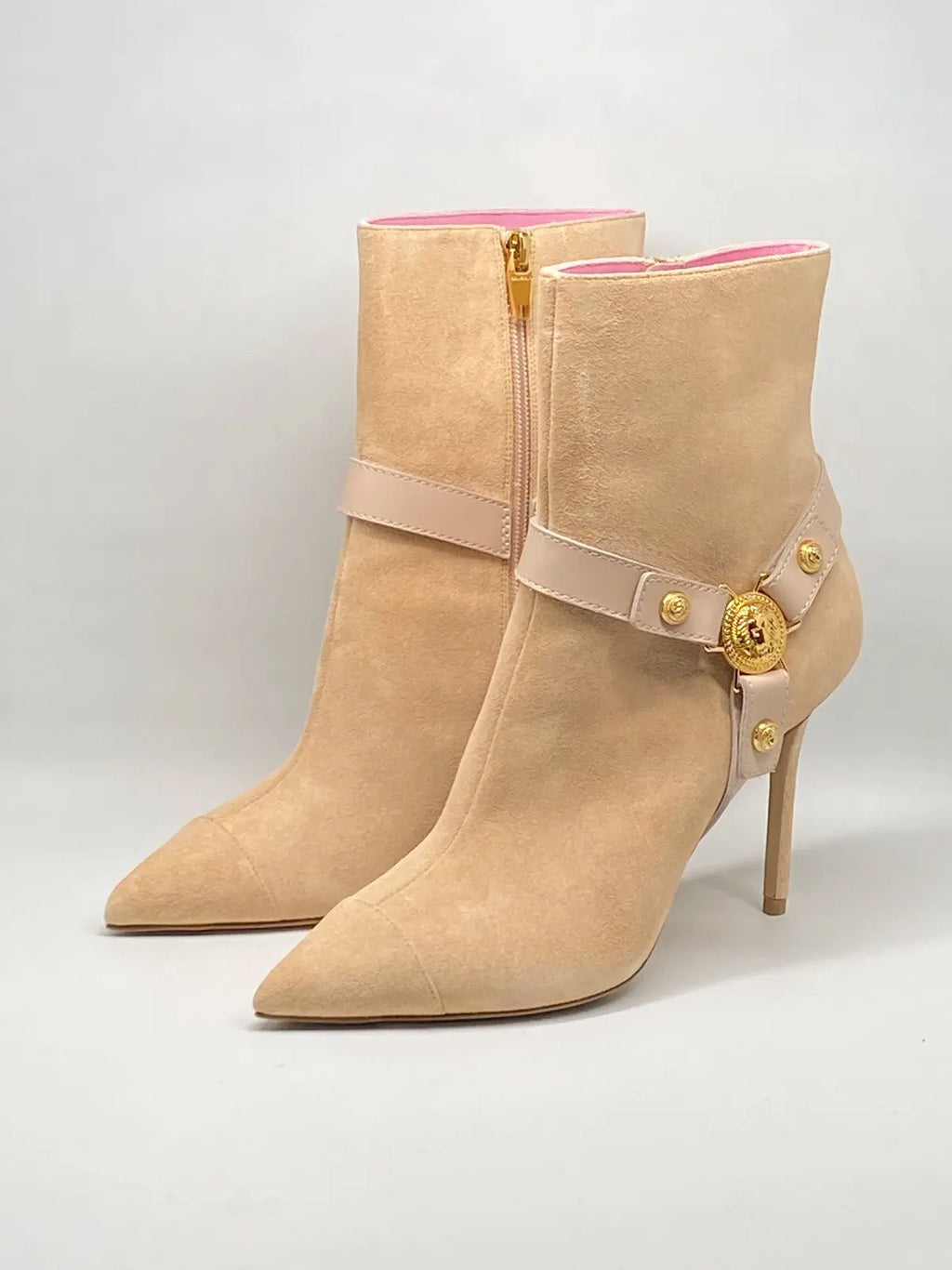 Balmain Medallion Harness suede ankle boots for women with stiletto heels, stylish and modern footwear by Shopportunity.