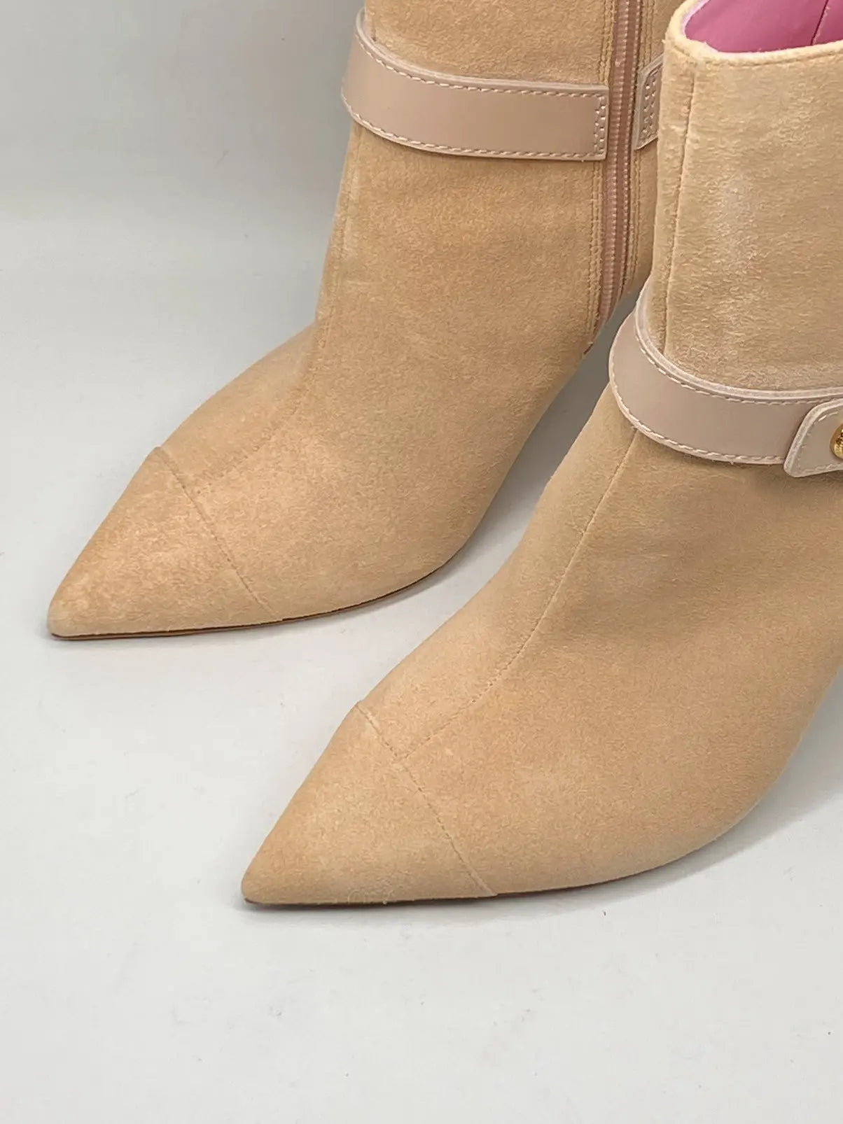 Balmain Medallion Harness suede ankle boots for women with stiletto heels, showcasing detailed medallion harness design and sleek silhouette.