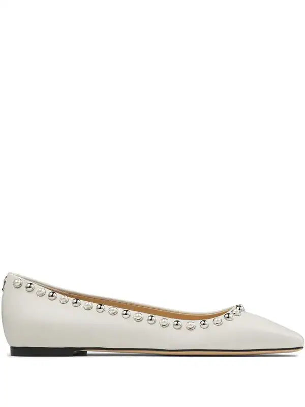 Pearl-embellished Jimmy Choo Mirele women’s ballerina shoes in neutral tones, featuring elegant pearl details and a sleek design.