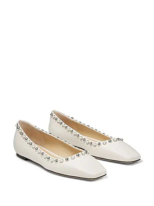 Pearl-embellished Jimmy Choo Mirele women's ballet flats featuring elegant design and neutral tones.