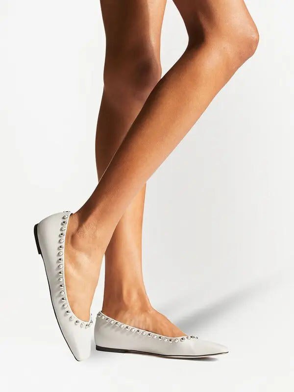Pearl-embellished Jimmy Choo Mirele women's ballerina shoes in neutral tones, showcasing elegant design and comfortable fit.