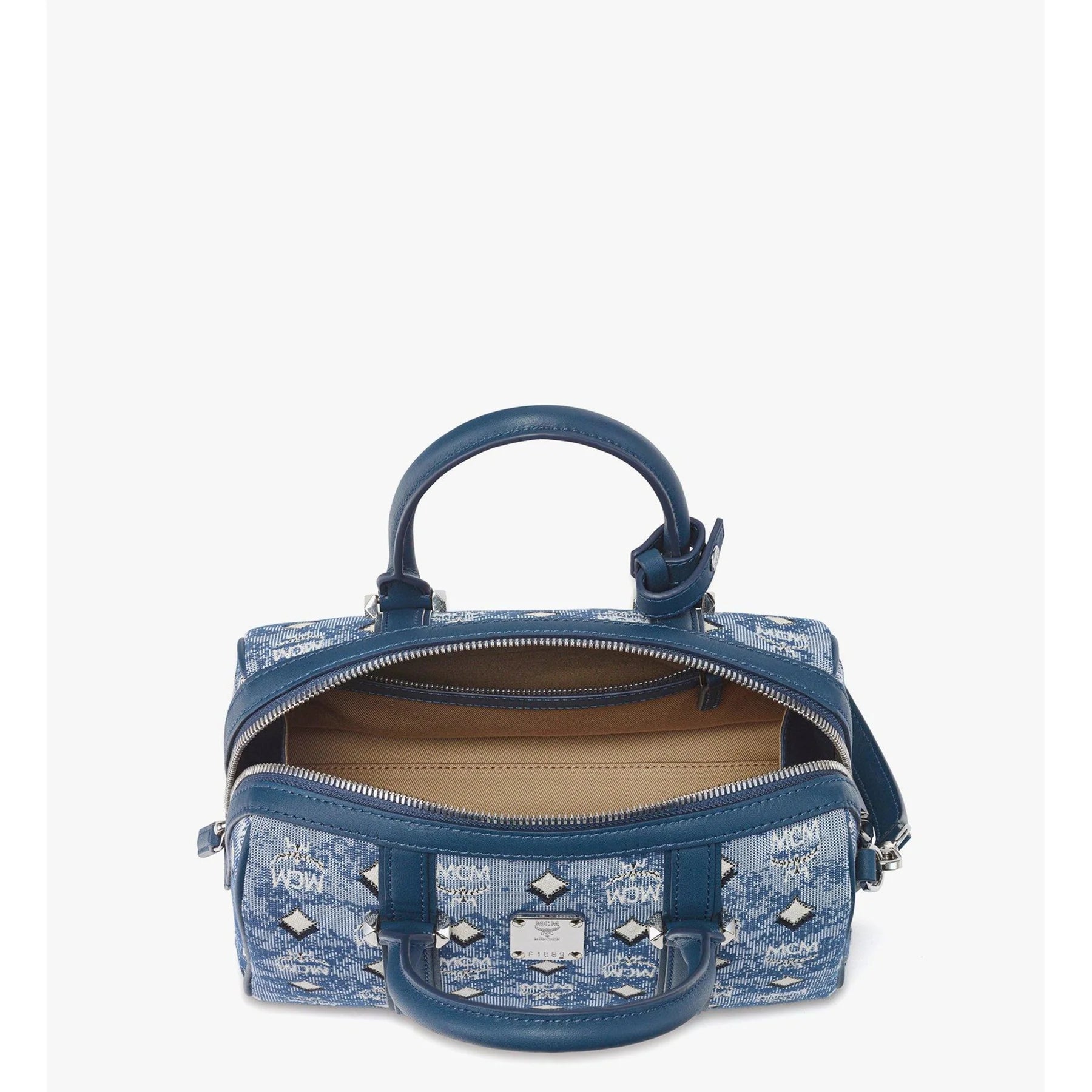 Blue MCM Aren Boston Bag for women in vintage jacquard monogram fabric, stylish and spacious designer handbag.