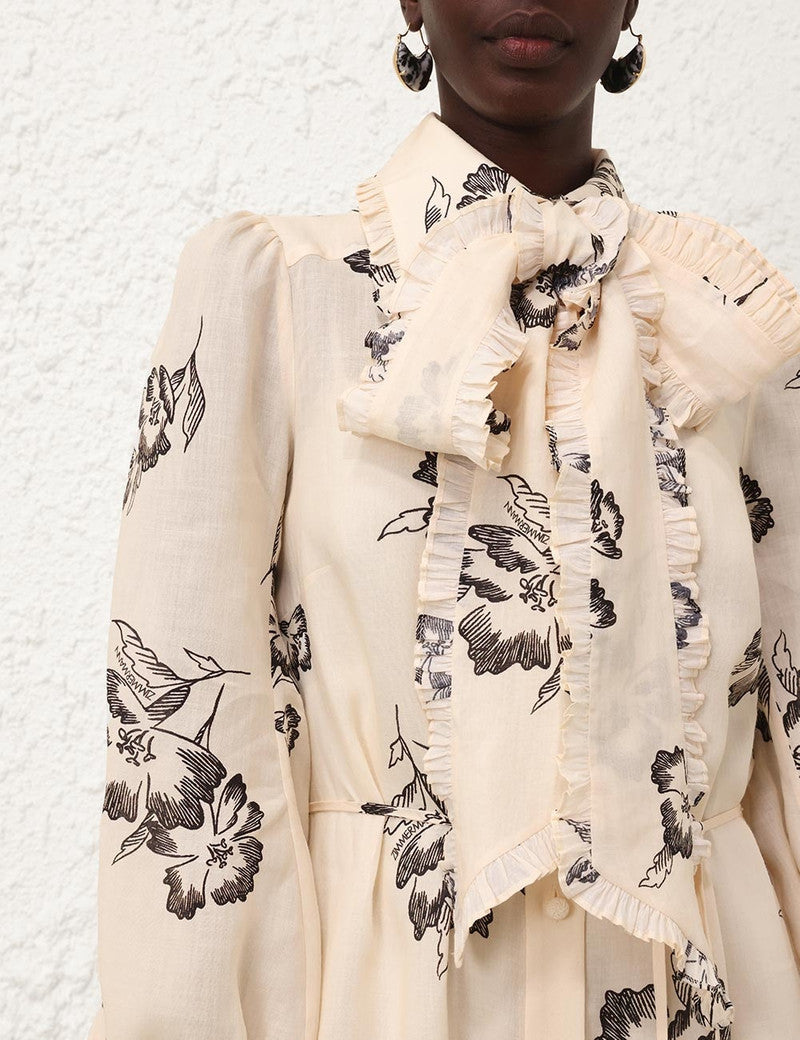 Zimmermann printed ruffle midi dress for women, featuring vibrant patterns and flowing fabric, perfect for stylish occasions.