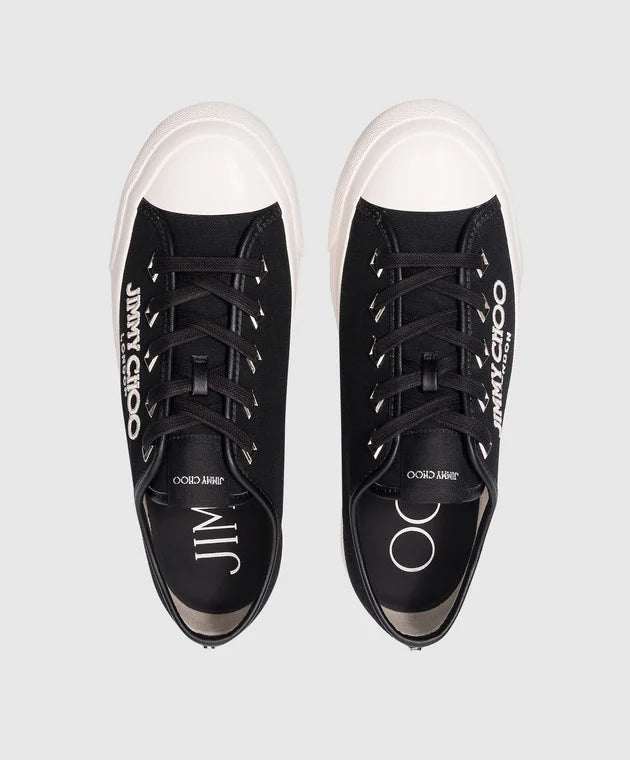 Jimmy Choo Black Palma Maxi unisex sneakers with sleek design and white sole, featuring minimalist branding and stylish comfort.