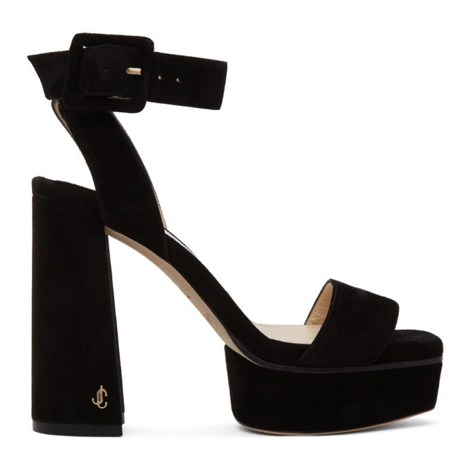 Black velvet Jimmy Choo Holly 120 platform sandals for women with sleek high heels and elegant design.