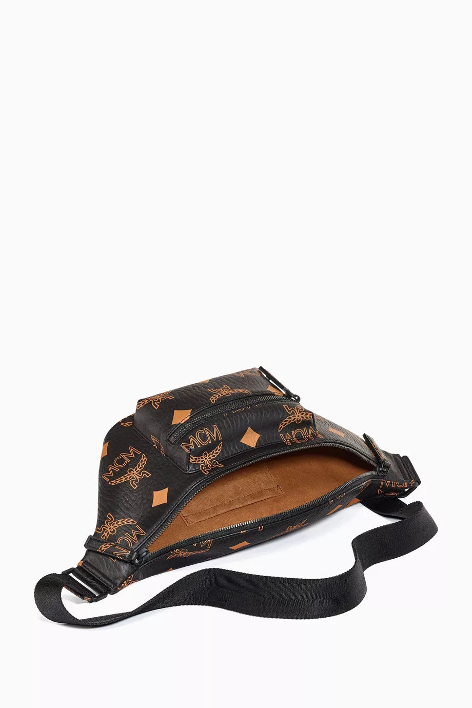 Black MCM Fursten belt bag for women, featuring a sleek design with a front buckle and adjustable strap.
