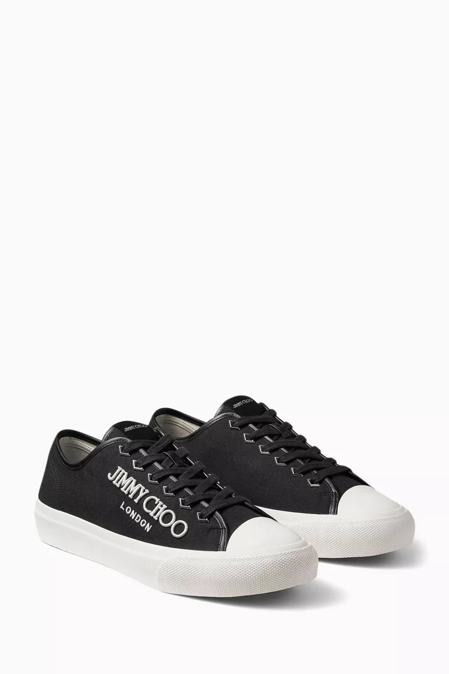 Unisex Jimmy Choo Palma Maxi black sneakers with sleek design and white sole, showcased on a clean background.