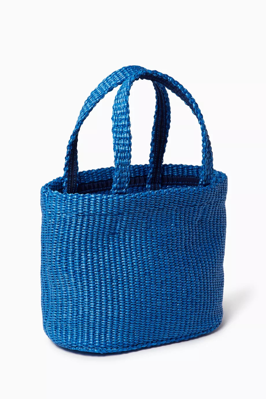 Blue Jimmy Choo Mini Beach Tote Bag in Raffia with woven texture and short handles, perfect for stylish summer accessories.