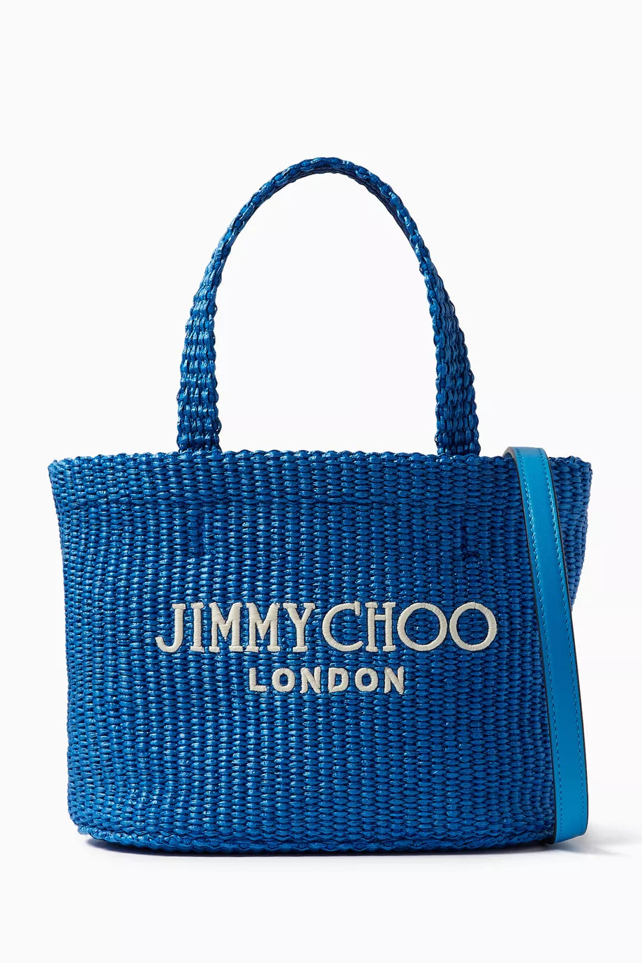 Blue Jimmy Choo mini beach tote bag in raffia with woven texture, stylish accessories for summer outings