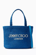 Blue Jimmy Choo mini beach tote bag in raffia with woven texture, stylish accessories for summer outings