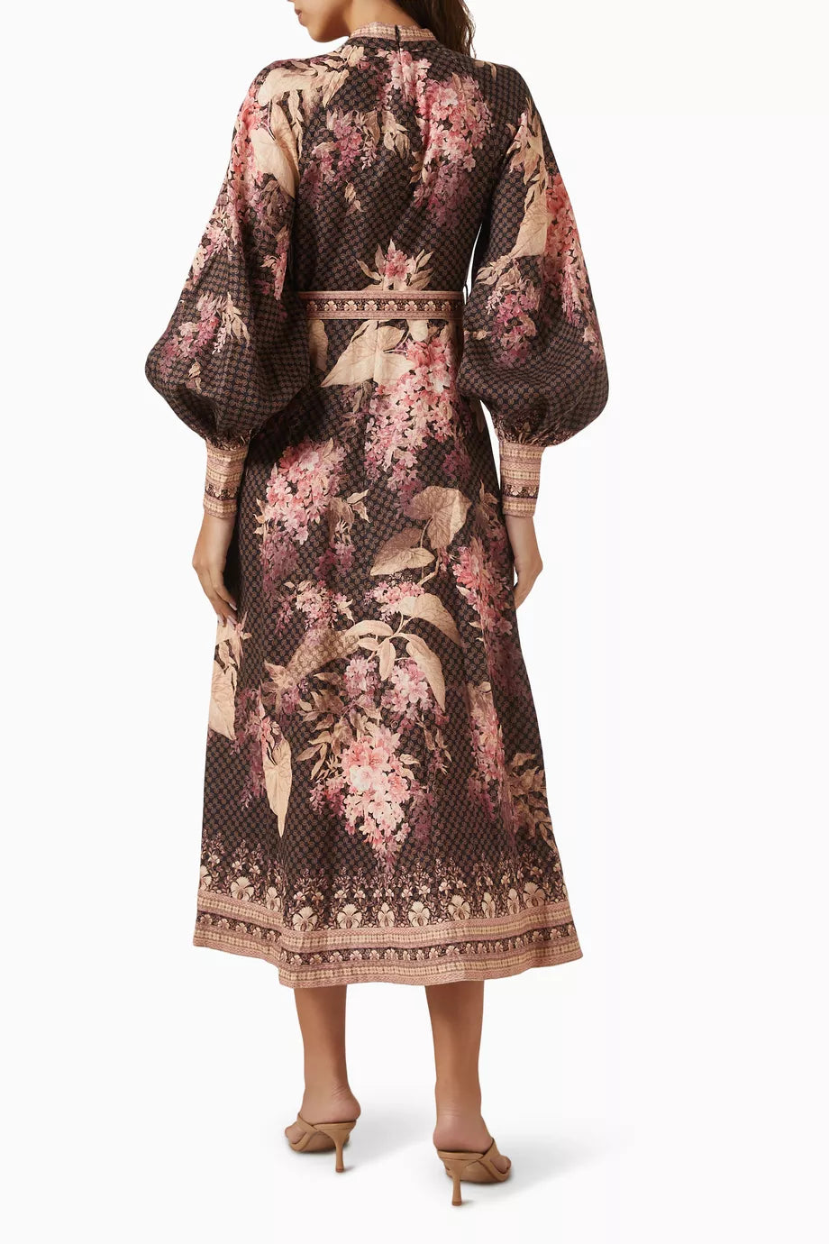 Black Zimmermann Illuminate belted midi dress in linen for women, featuring a stylish design with a waist belt and midi length.