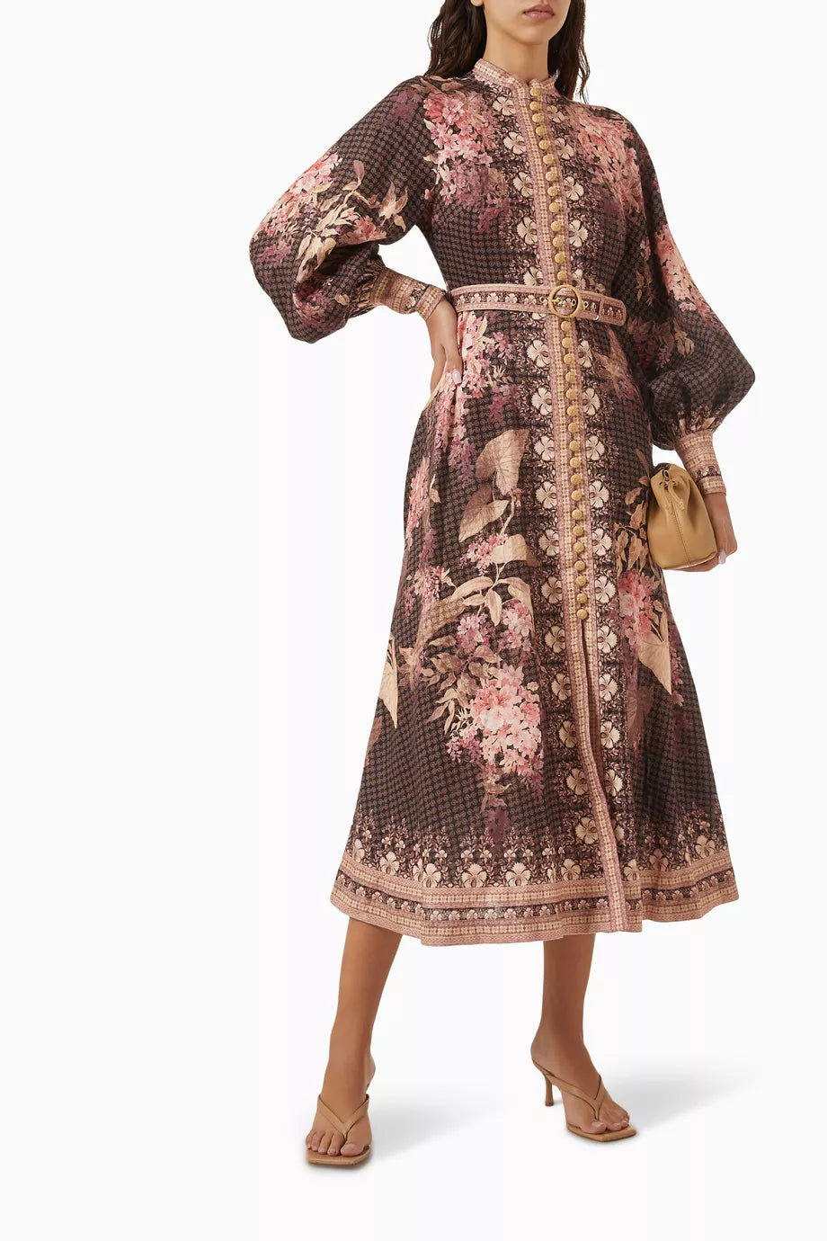 Black Zimmermann illuminate belted linen midi dress for women with a fitted waist and elegant silhouette.