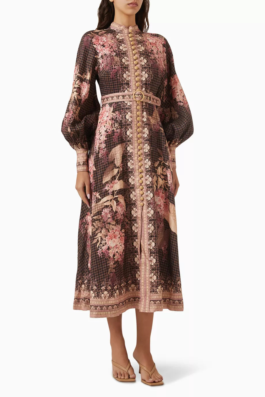 Black Zimmermann Illuminate belted linen midi dress for women, with a fitted waist and flowy skirt, stylish and elegant.