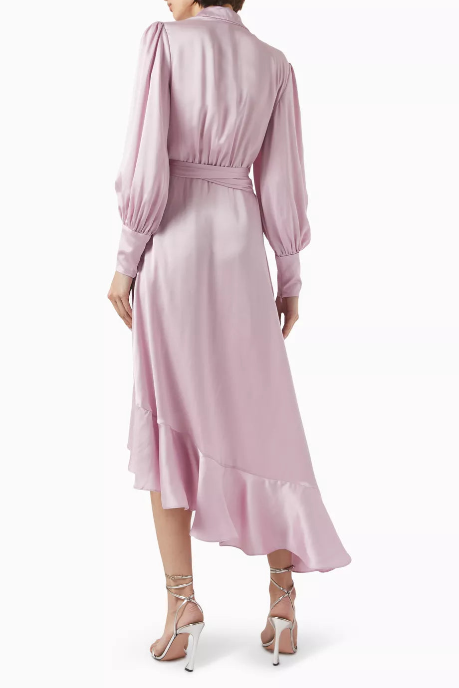 Zimmermann asymmetric ruffled silk-satin midi wrap dress for women, showcasing elegant ruffle details and a sleek silhouette.