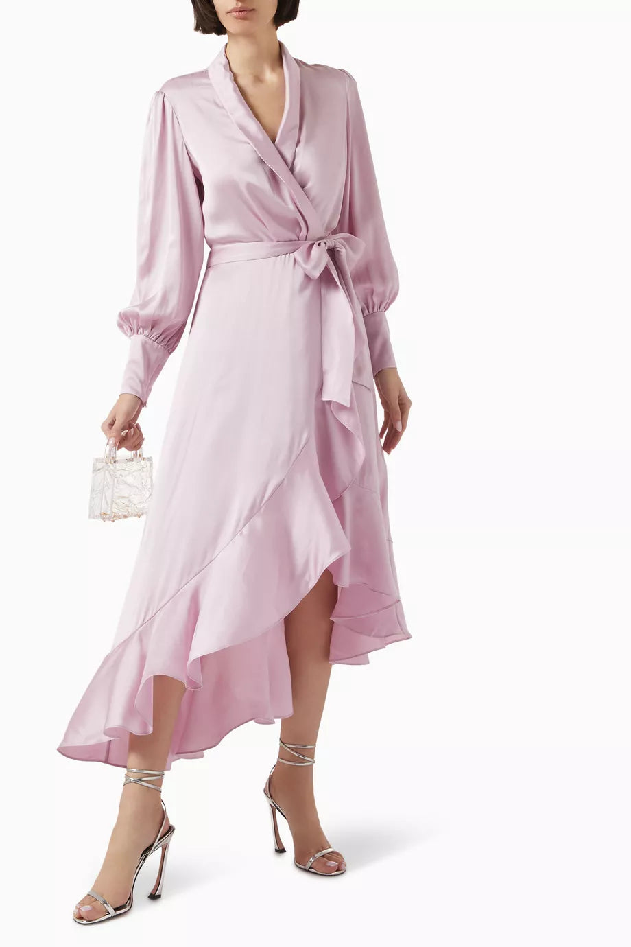 Zimmermann asymmetric ruffled silk-satin midi wrap dress for women, featuring elegant ruffles and a sophisticated design.