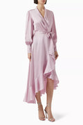 Zimmermann asymmetric ruffled silk-satin midi wrap dress for women, featuring elegant ruffles and a stylish silhouette.