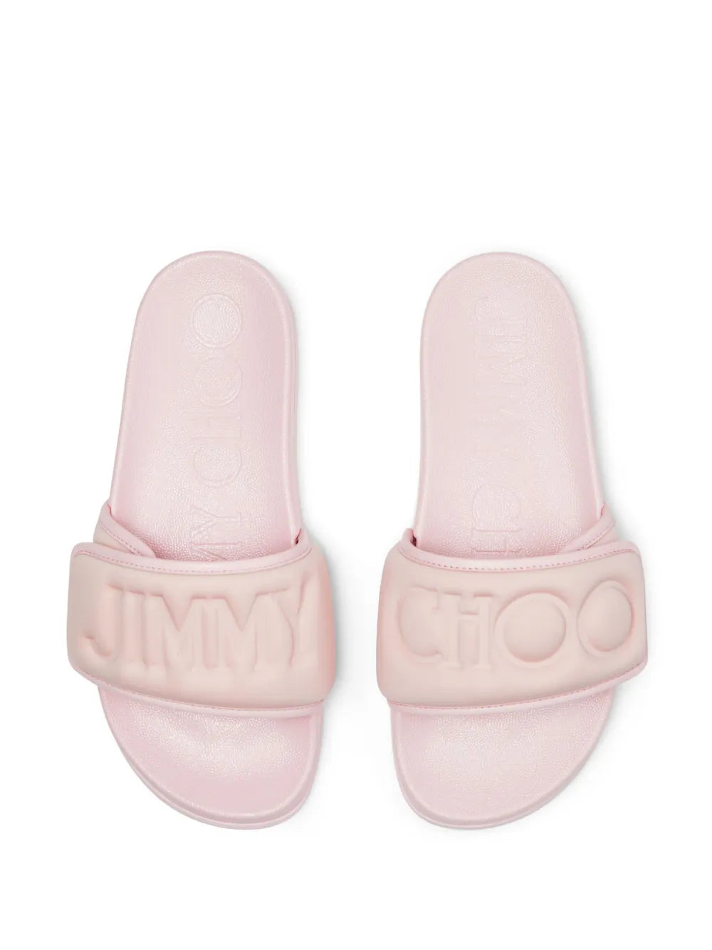 Jimmy Choo Fitz Logo-debossed slides with black leather straps and signature logo embossing, casual footwear for women.