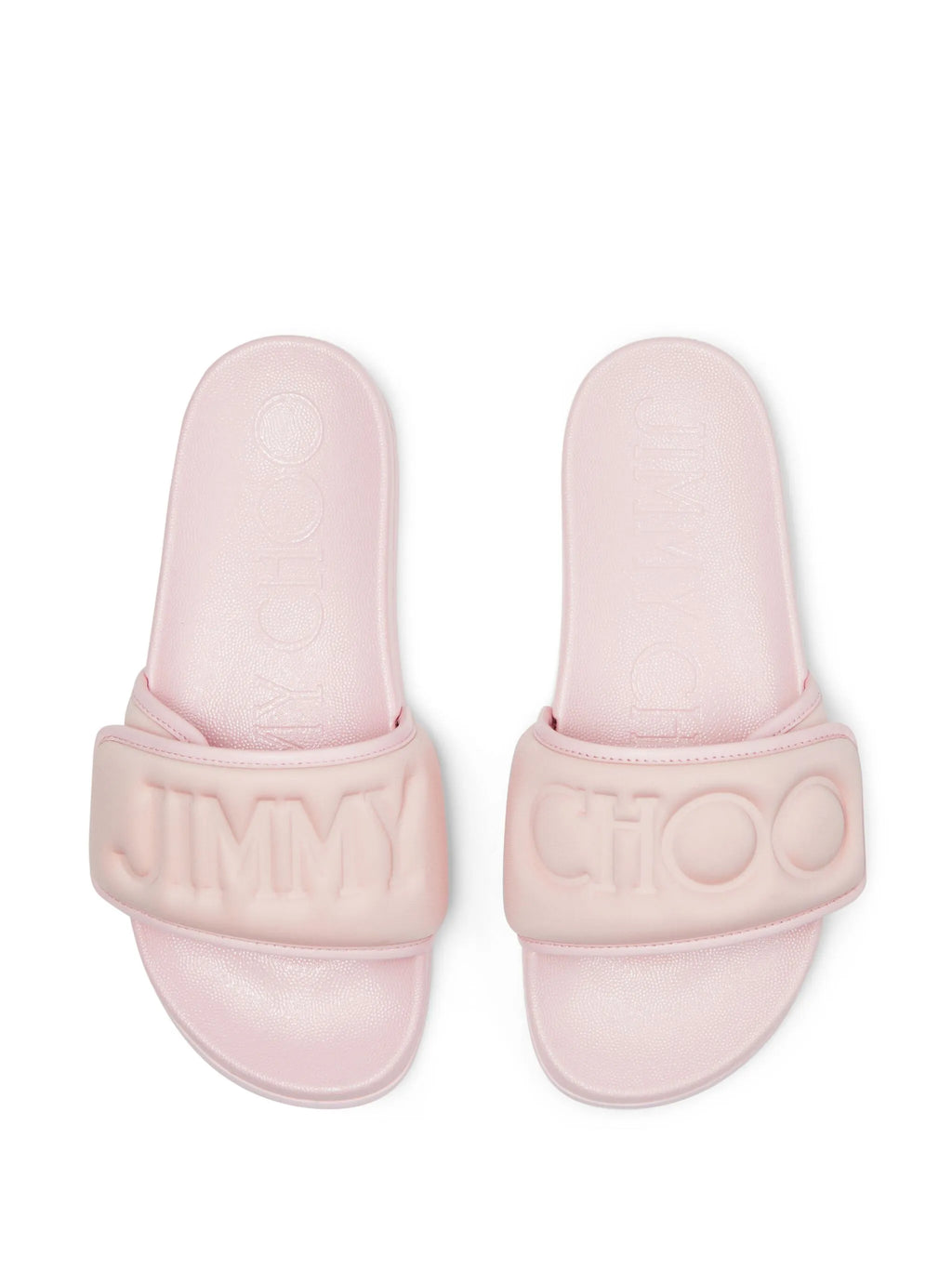 Jimmy Choo Fitz debossed logo slides featuring sleek design and comfortable slip-on style for casual wear.