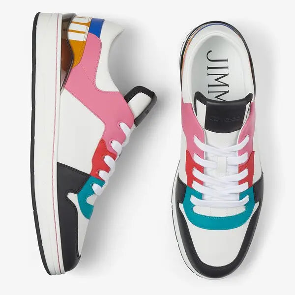 Men's Jimmy Choo Florent Sneakers in multicolor leather with white peacock pattern, stylish and comfortable footwear for men.