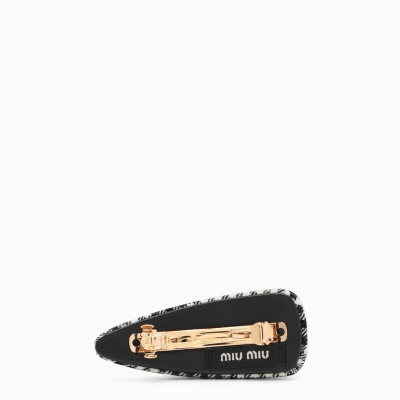 Miu Miu houndstooth hair clip in white and black, stylish accessory for women, featuring a classic pattern and elegant design.