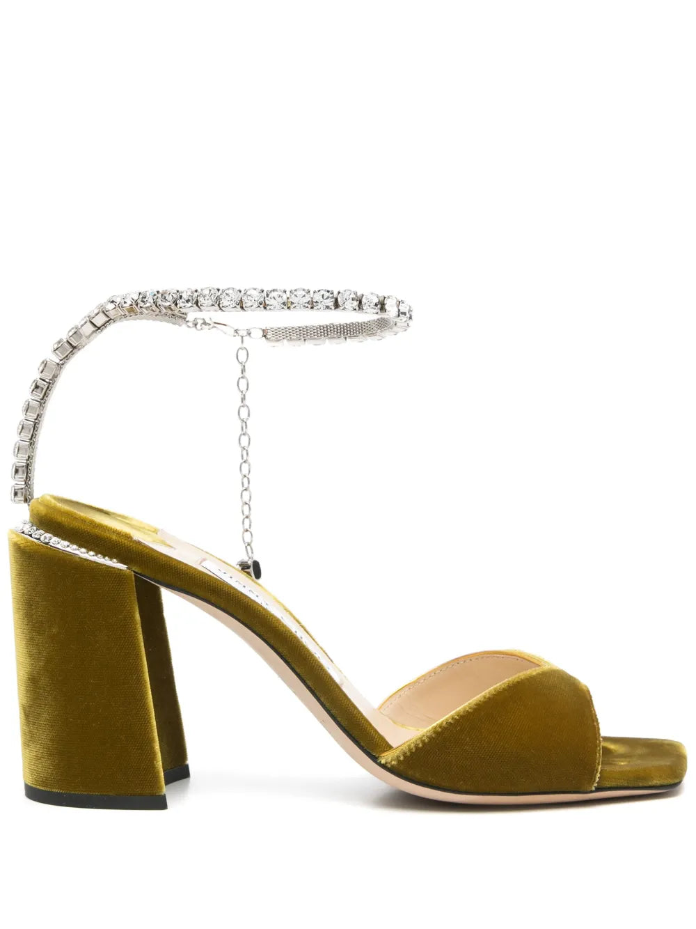 Jimmy Choo Saeda 85 Citrine Velvet Sandals with crystal chain ankle strap, women’s high heels, elegant and luxurious footwear.