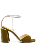 Jimmy Choo Saeda 85 Citrine Velvet Sandals with crystal chain ankle strap, women’s high heels, elegant and luxurious footwear.