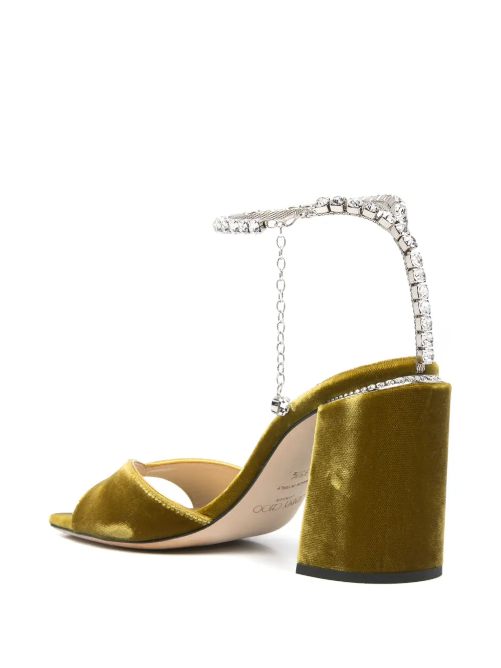 Jimmy Choo Saeda 85 Citrine velvet sandals for women with crystal chain ankle strap and elegant heel design.