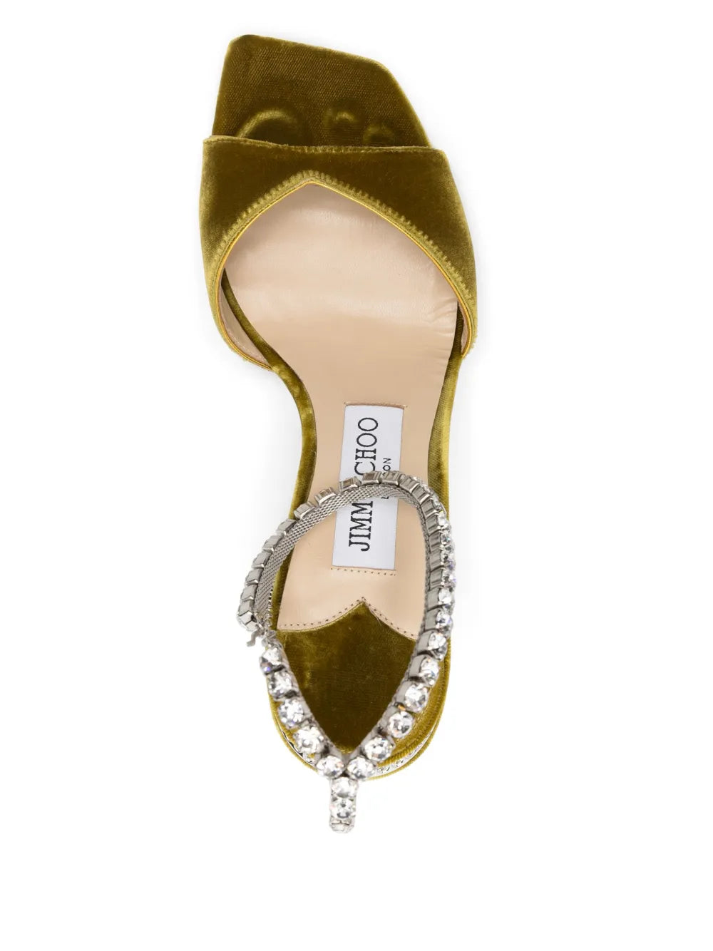 Jimmy Choo Saeda 85 Citrine velvet sandals with crystal chain ankle strap, women's heels featuring elegant design and luxurious details.