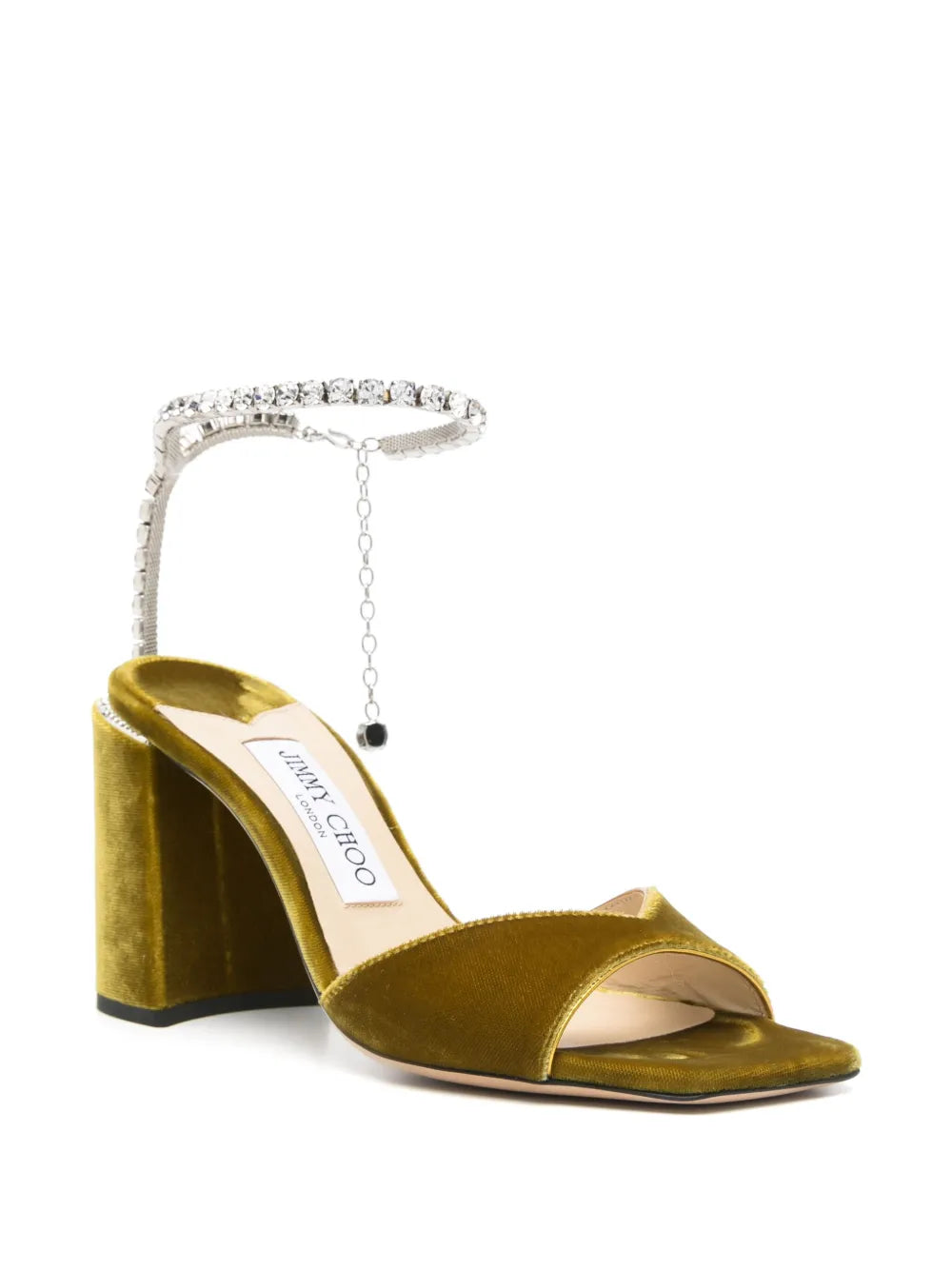 Jimmy Choo Saeda 85 Citrine velvet women’s heels with crystal chain ankle strap, elegant and stylish footwear.