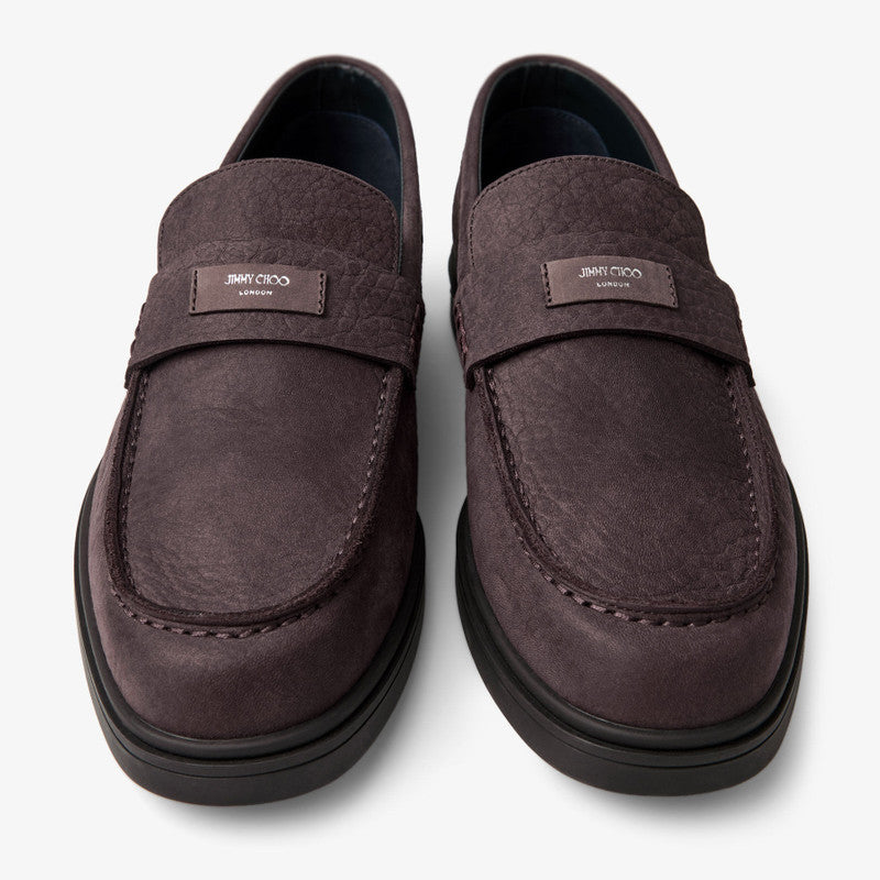 Jimmy Choo men's Josh driver loafers in oxblood embossed nubuck leather, stylish and comfortable men's shoes.