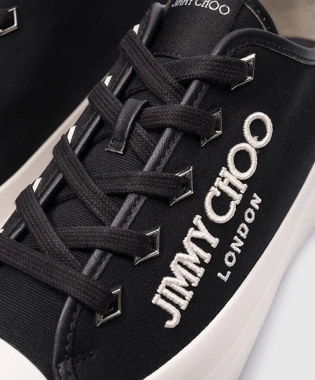 Black Jimmy Choo Palma Maxi unisex sneakers with sleek design and white soles, perfect for casual and athletic wear.