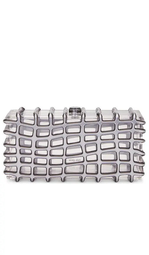 Shiny silver Cult Gaia Rina clutch bag with metallic grid design over transparent acrylic for women.