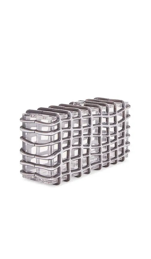 Shiny silver Cult Gaia Rina clutch with metallic grid overlay and transparent acrylic body, stylish women's bag.