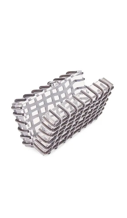 Shiny silver Cult Gaia Rina clutch with metallic grid over transparent acrylic body, women's fashion bag.