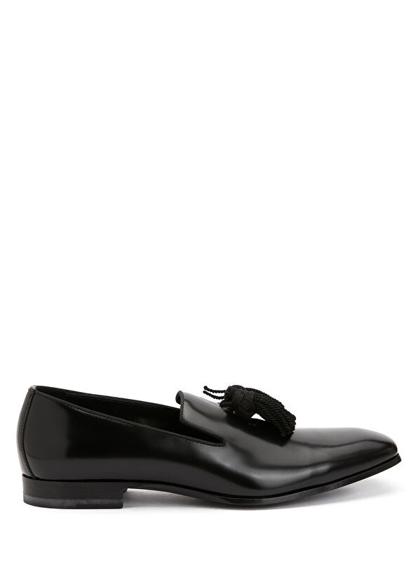 Jimmy Choo men's Foxley patent leather loafers with crystal tassels, stylish men's shoes with a sleek shiny finish.
