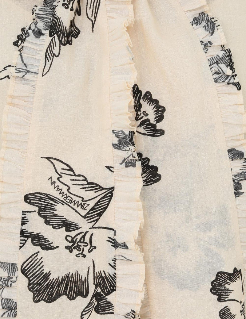 Printed Zimmermann ruffle midi dress for women, featuring floral patterns and flowing fabric, perfect for summer or casual occasions.