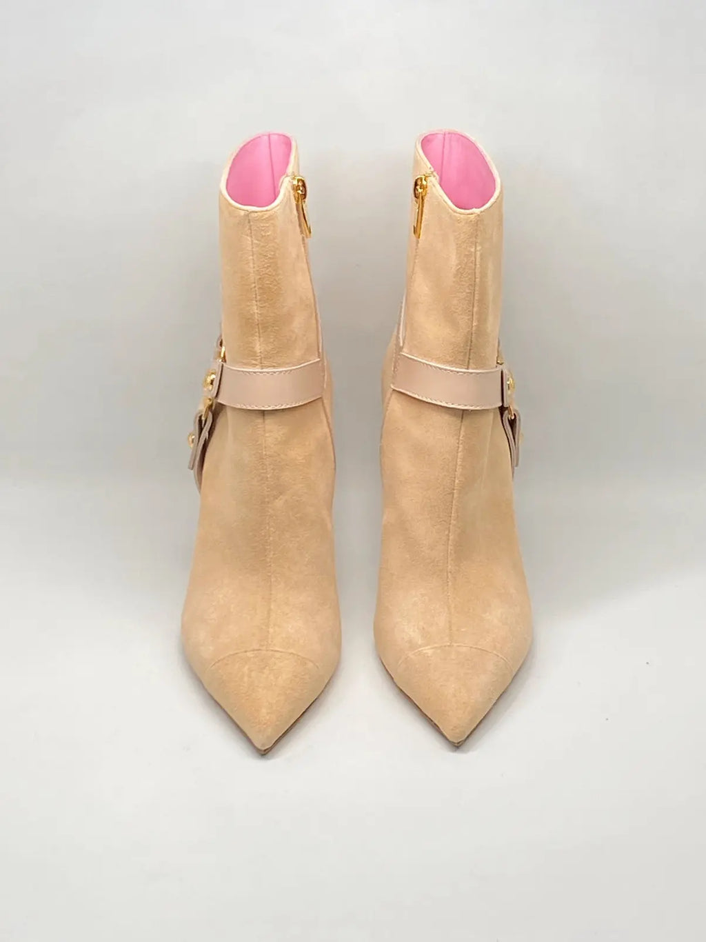 Balmain Medallion Harness Suede Ankle Boots with stiletto heels, stylish women's footwear featuring intricate medallion details.