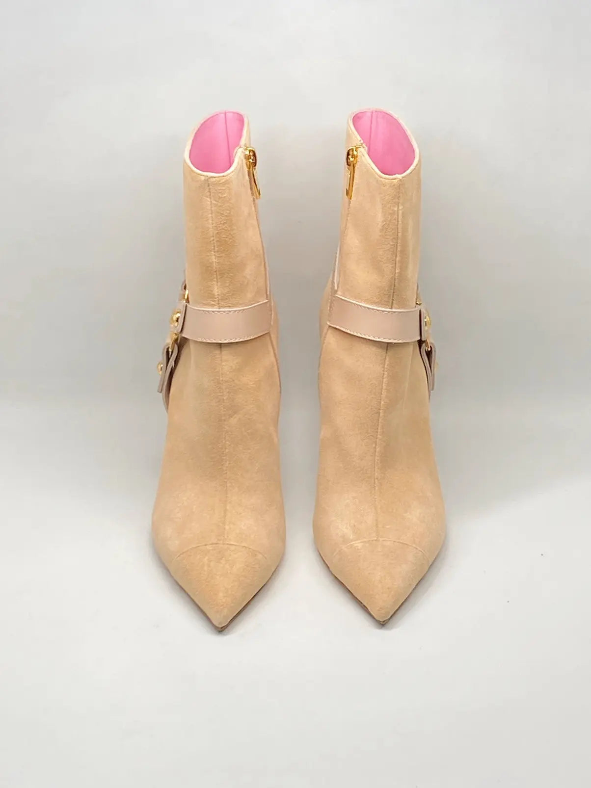 Balmain Medallion Harness Suede Ankle Boots with stiletto heels, stylish women's footwear featuring intricate medallion details.