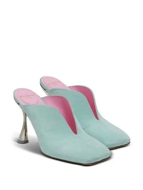 Balmain Suede Square-Toe Mule Heels – Mint
