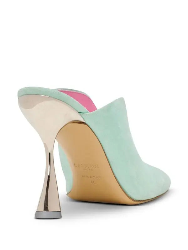 Balmain Suede Square-Toe Mule Heels – Mint