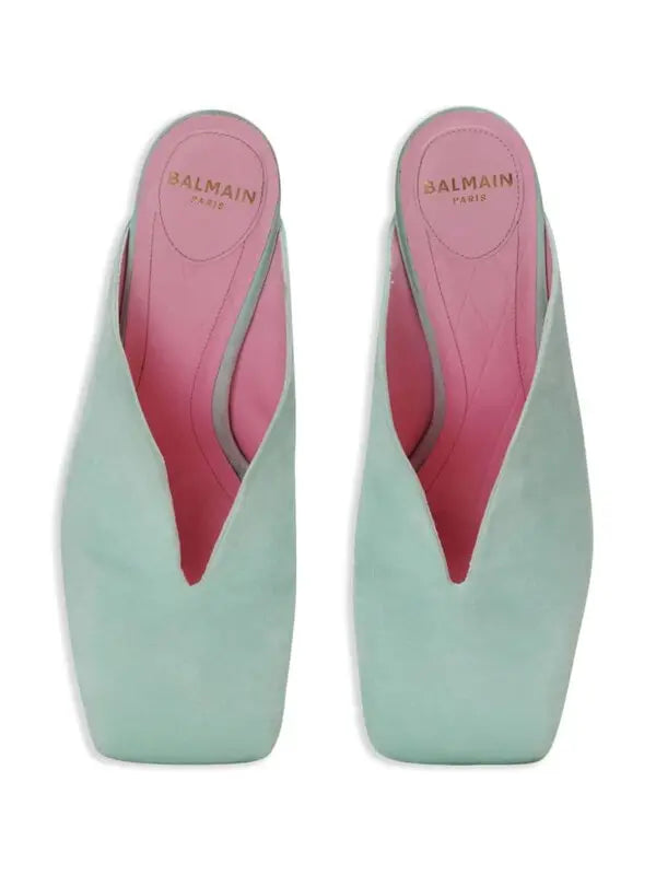 Balmain Suede Square-Toe Mule Heels – Mint