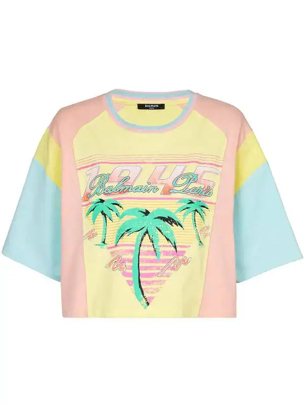 Palm Tree Print Cropped T-Shirt in Multicolor