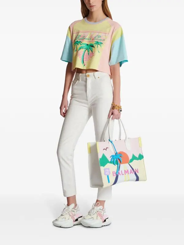 Palm Tree Print Cropped T-Shirt in Multicolor